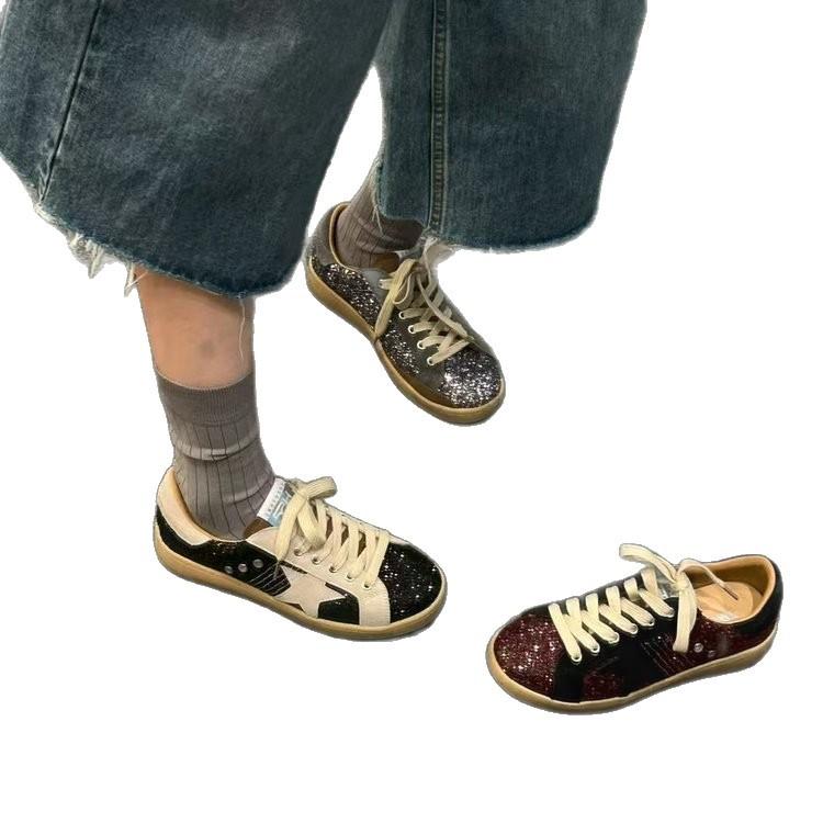 ins trendy dirty shoes 2025 new foreign style old casual glitter burst polish color low-top flat star shoes