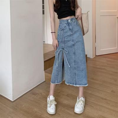 Fusta ocazională pe jumătate de damă, cu dimensiuni mari, cu desfășurare, cu jumătate de corp, cu talie înaltă Fusta din denim de lungime medie