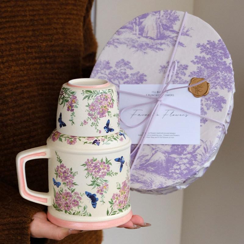 Retro Lagerstroemia Indica Floral Ceramic Mug Gift Set - High-End Bridesmaid & Wedding Thank You Present