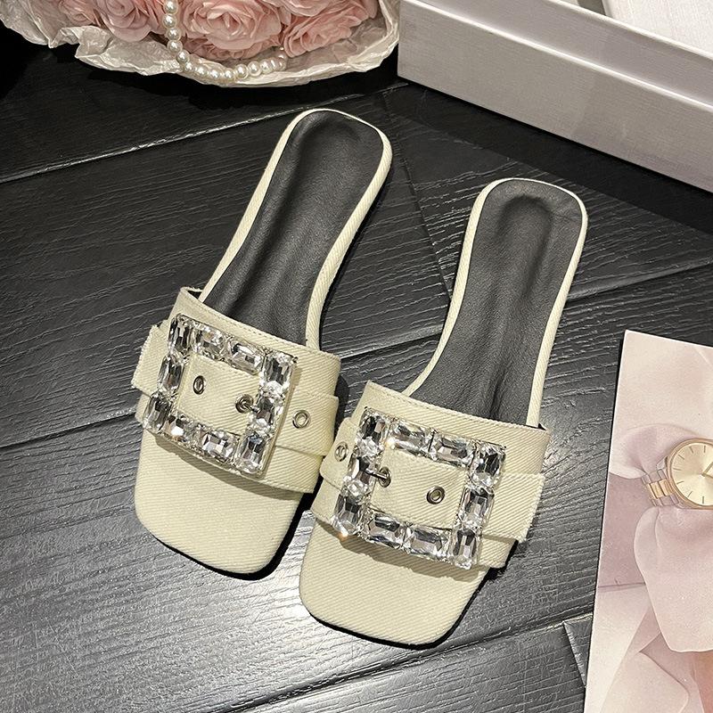 Flat-bottomed Sandals and Women's Shoes, New French Fairy Wind and Water Diamond Square Buckle Slippers In Spring and Summer