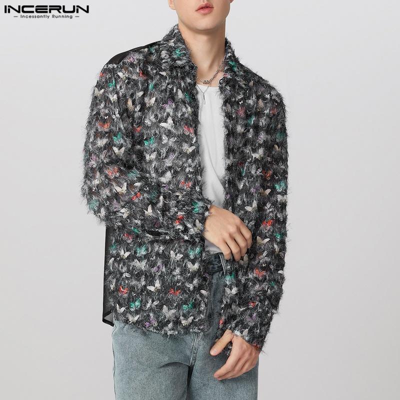 INCERUN Men Long Sleeve Print Patchwork Tassel Casual See Through Shirts