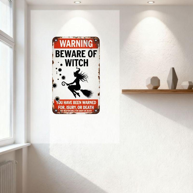 Vintage Weathered Warning Witch Tin Sign - Beware of Witch Halloween Home Decor with Bullet Holes, Rusty Edges, 'YOU HAVE BEEN W