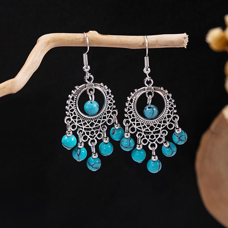 Retro Ethnic Style Turquoise Earrings, Hollow Ring Flower Fringed Earrings, Owl Water Drop Earrings.