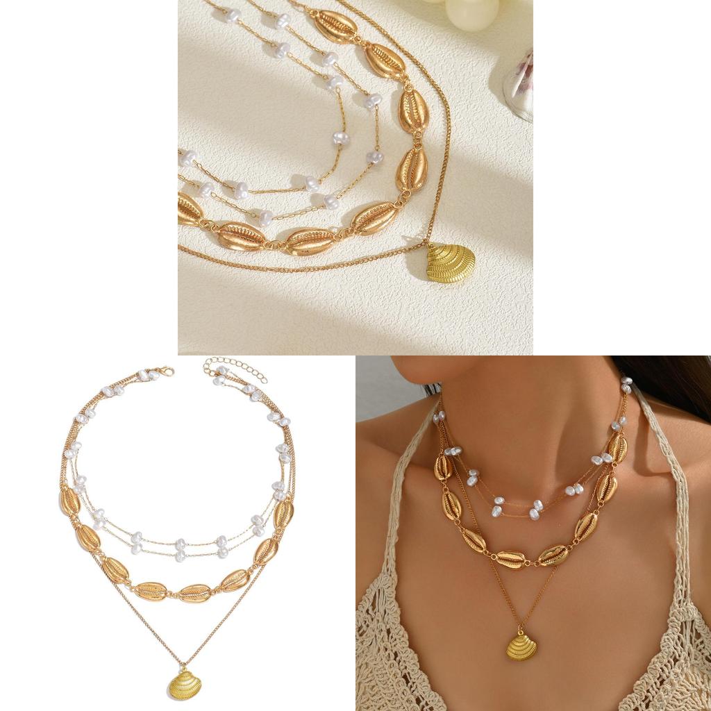 Summer Shell Necklace For Women With Multilayer Geometric Pendant And Pearl Accents