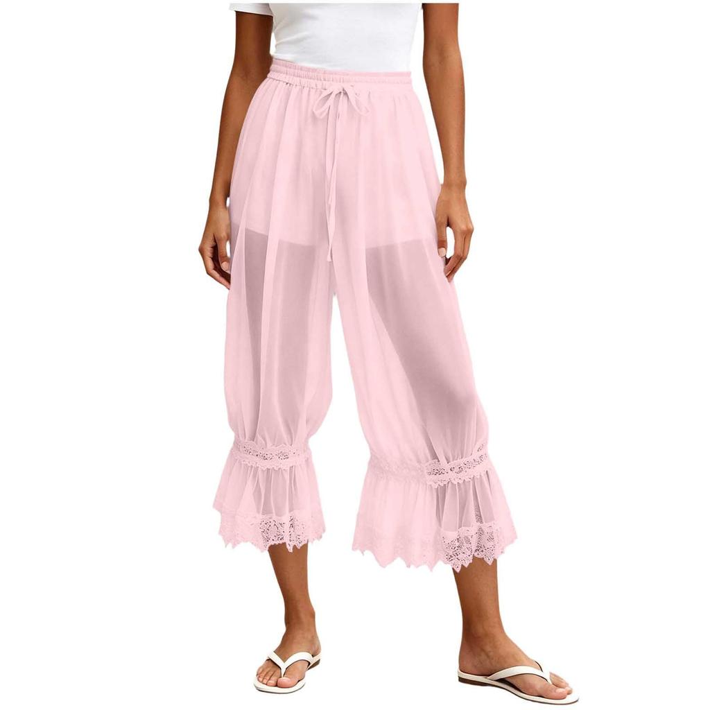 Women's Casual Pants with Lace and Sheer Mesh Trim, Lined, for Everyday Wear