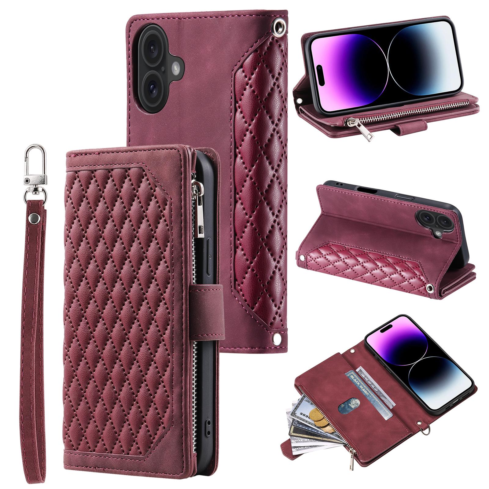 

Style 005 For iPhone 16 Plus Case Rhombus Stitching Line PU Leather Zipper Wallet Phone Cover Wine Red