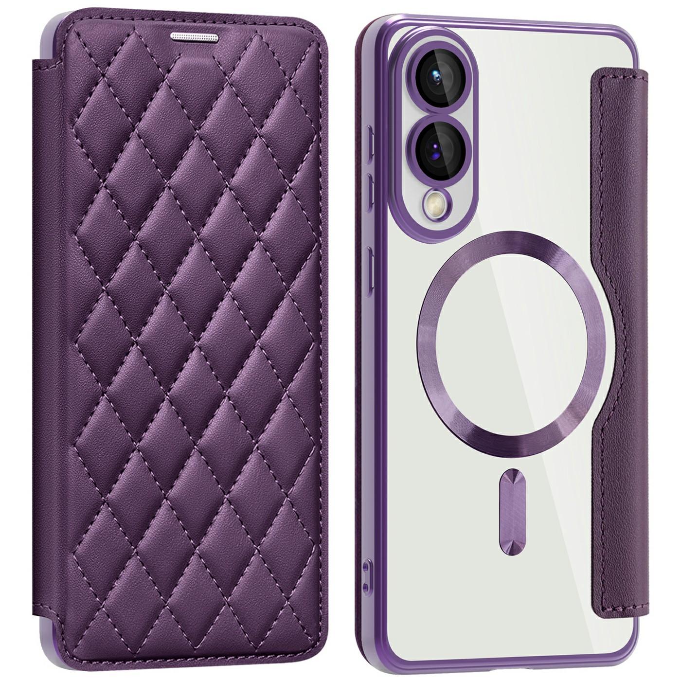 

For Samsung Galaxy S25 Edge Case Compatible with MagSafe Rhombus PU Leather Phone Cover Dark Purple
