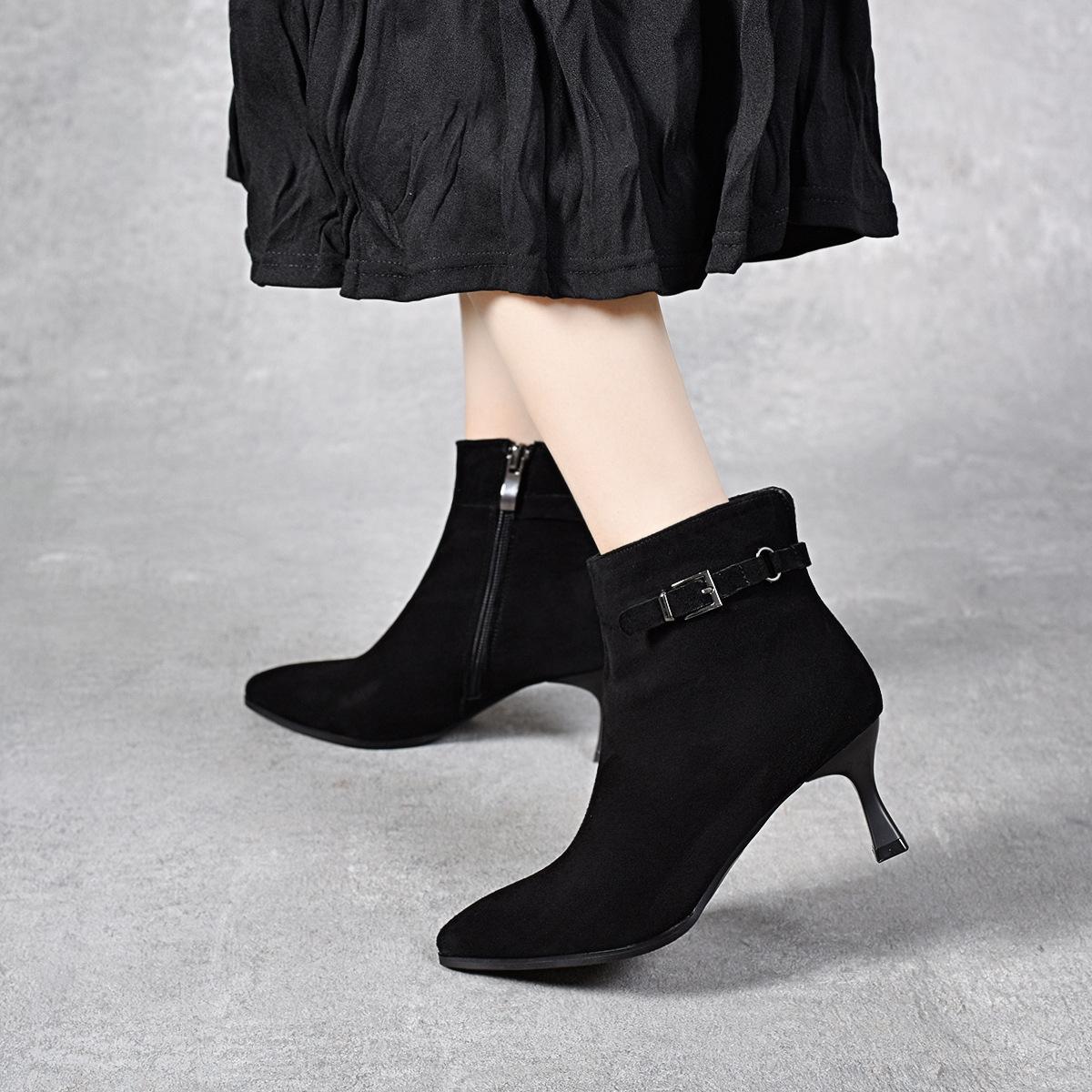 

Модные ботильоны с острым носком женские осенне-зимние новые простые темпераментные на тонком каблуке на высоком каблуке ботинки черные ботильоны кожаные ботинки 41