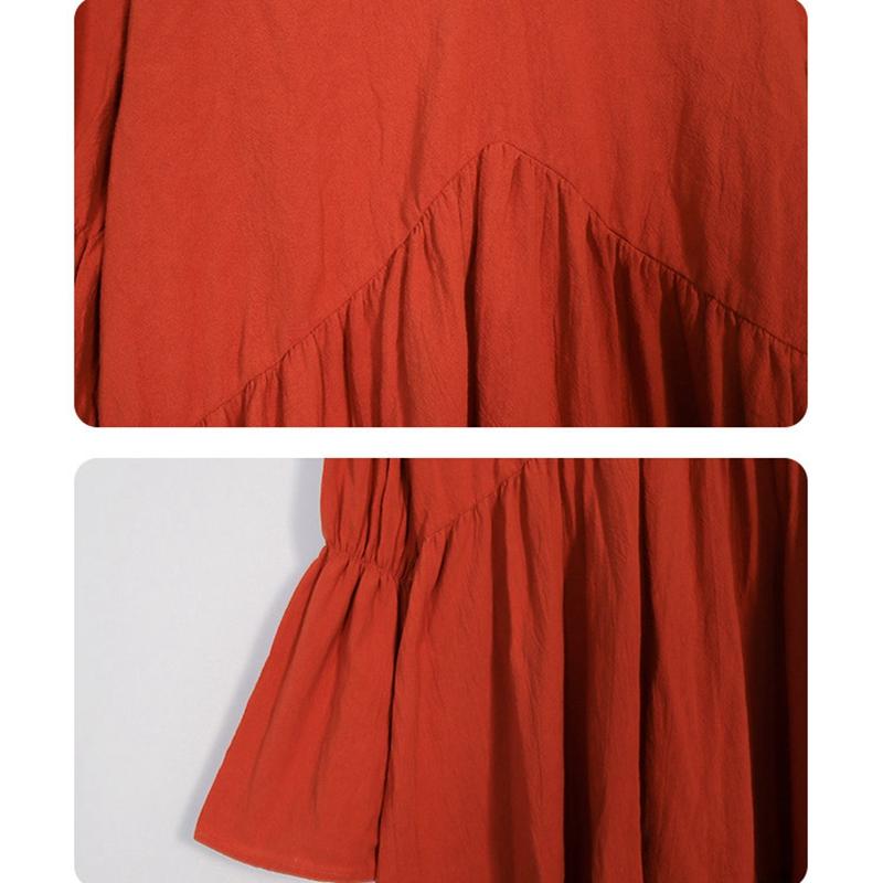 Powyżej kolana kobiety wiosna lato artystyczna sukienka na wakacje prosta dekolt w serek wysoka luźna talia pełna rękaw duża huśtawka wzburzyć jednolity kolor M-3XL