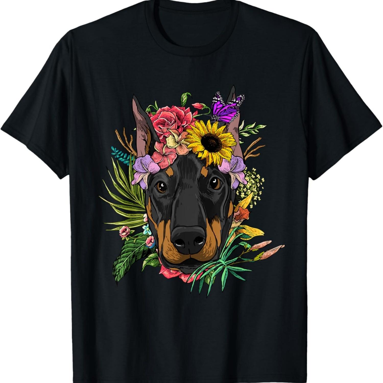 Doberman Shirt Floral Doberman Pinscher Dobie Pet Dog Lover T-Shirt S чёрный