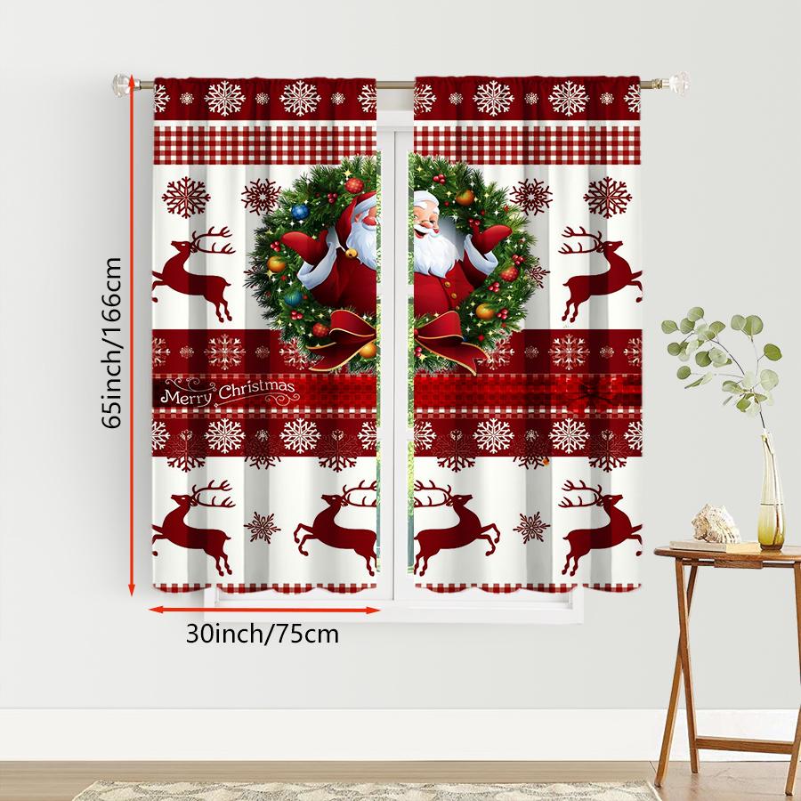 2PCS Digital Print Christmas Curtains, Red White Plaid Santa Wreath Reindeer, Classic Country Window Drapes for Holiday Decor