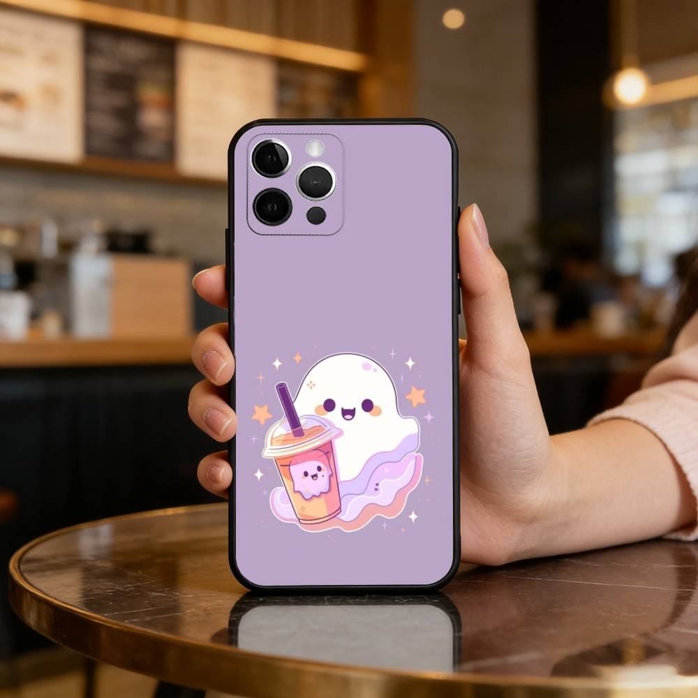 C-Cute Ghost Halloween Phone Case For iPhone 17,16,15,14,13,12,11 Plus,Pro Max,Soft Silicone Black Cover
