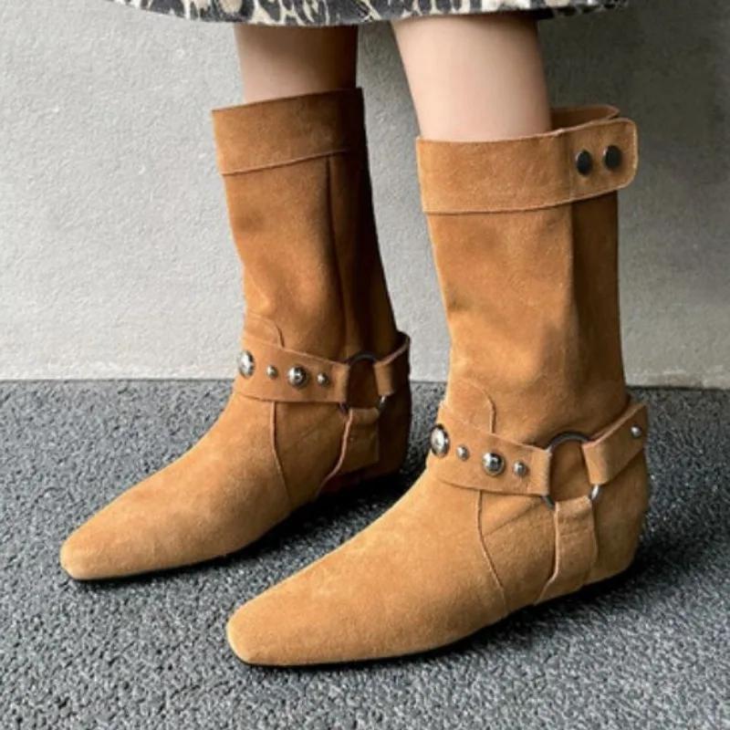 2024 Suede Women's Ankle Boots Low Heel Rivets Women's Shoes Winter New Women's Fashion Show Classic Ankle Boots Botas Mujer