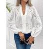 Women'S V-Neck Lace-Trimmed Blouse with Lantern Sleeves - Casual Long Sleeve Shirt Perfect for Spring & Fall, Ladies Blouses