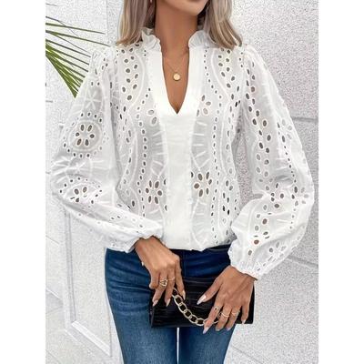 Damen-Bluse mit V-Ausschnitt und Spitzenbesatz, mit Laternenärmeln - Lässiges Langarmshirt, perfekt für Frühling & Herbst, Damenblusen