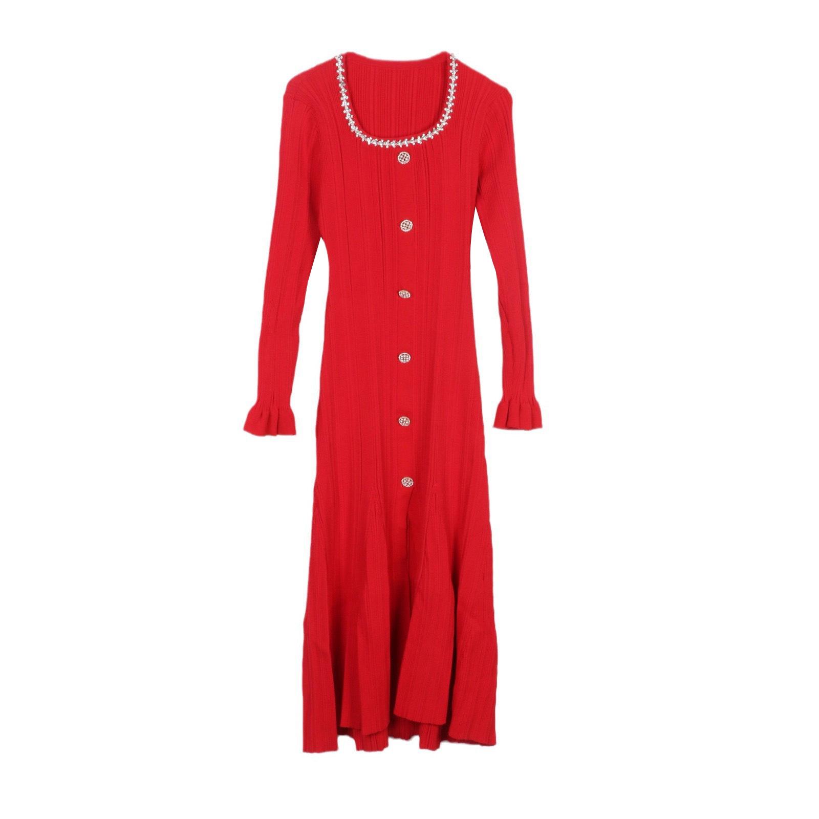 

Элегантное европейское и американское платье с плиссировкой, U-образным вырезом и длинным рукавом, вязаное - Коллекция весна-осень Small