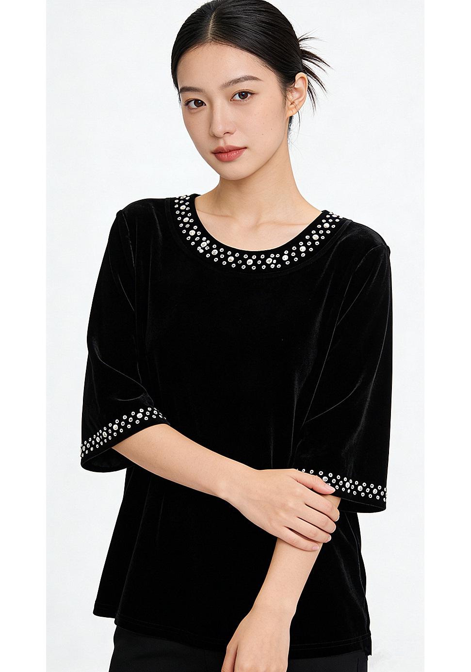 

Fat Sister Black Velvet Beaded Top: 2026 Loose Short Sleeve Plus Size Women s Light Mature Style XL (fits 105-120 kg) чёрный