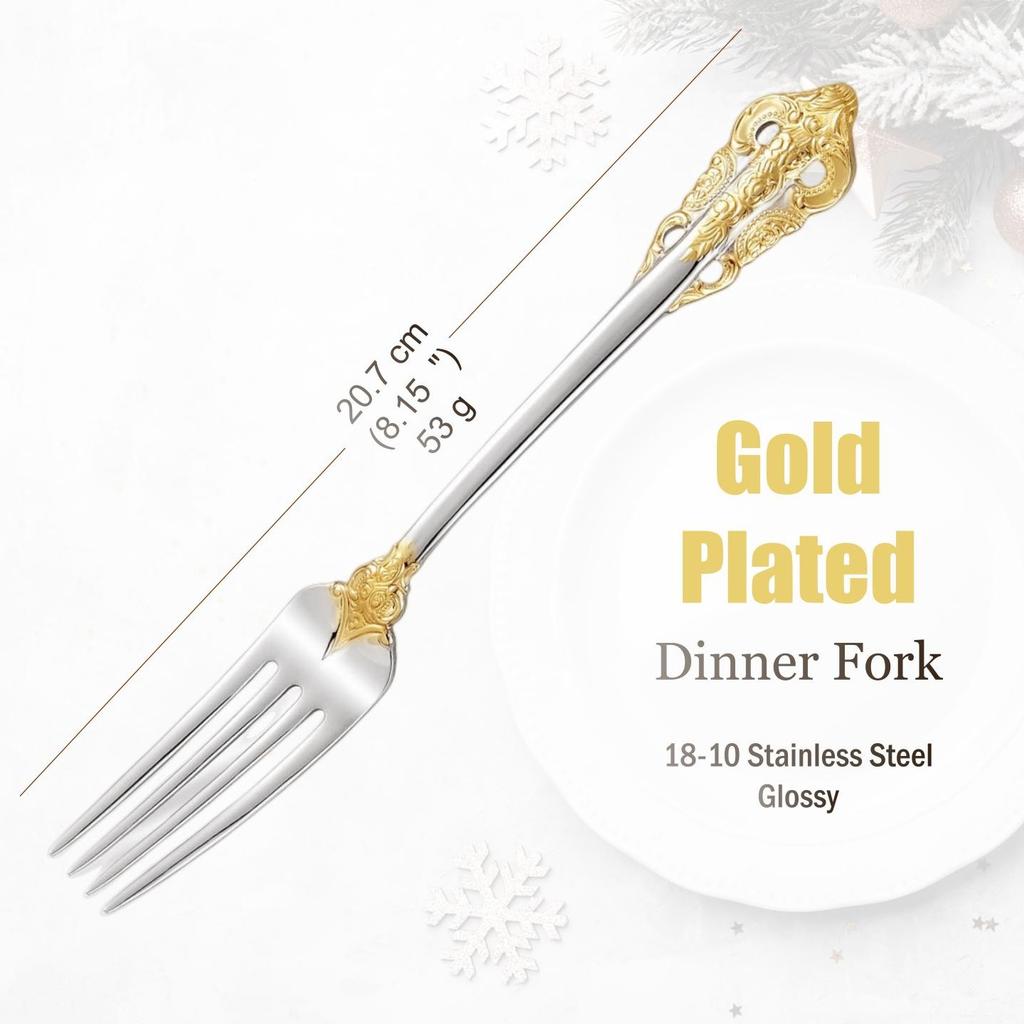 Conjunto de Talheres de Aço Inoxidável Prata, Talheres Vintage, Cabo Oco, Talheres para Casamento, Barroco, 18/10, Dourado Brilhante