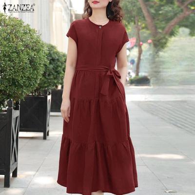 Women Casual Round Neck Solid Color Summer Short Sleeve Dress
