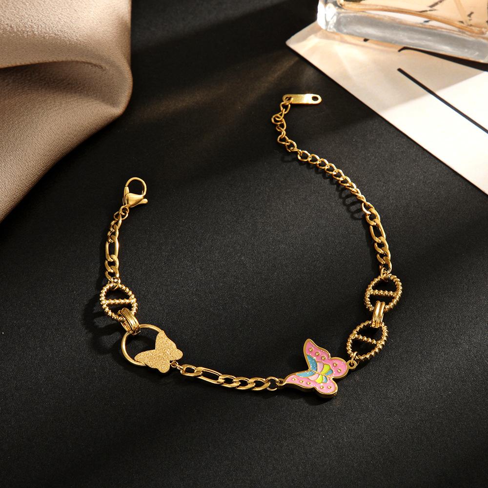 Cross-border explosion pink oil drop butterfly bracelet ins niche design high-end 18K gold stainless steel bracelet