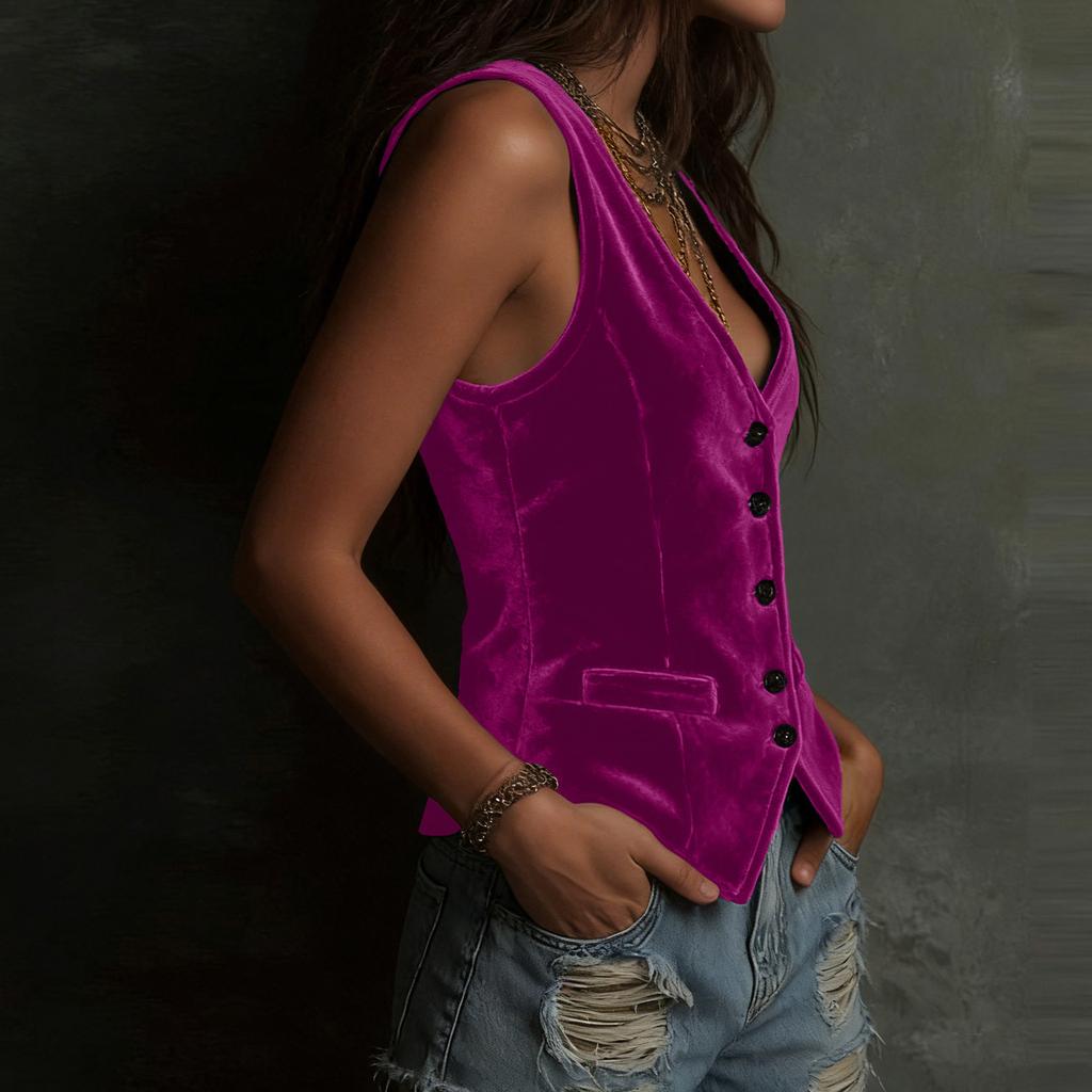 Women's Velvet Sleeveless Button Down Vest V-Neck Casual Solid Color Tank Tops