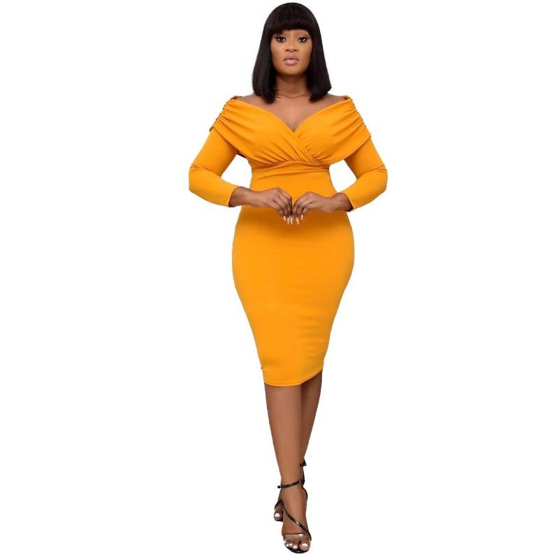 C Autumn New Women's Clothing Large Size V-neck Pleated Long-sleeved Dress