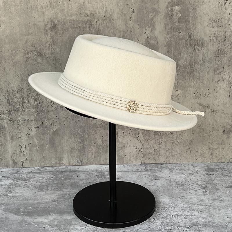 Charm Clothings Women's White French High-End Foreign-Style Wool Top Hat British Retro Style Flat-Brimmed Concave Jazz Hat 56-58Cm