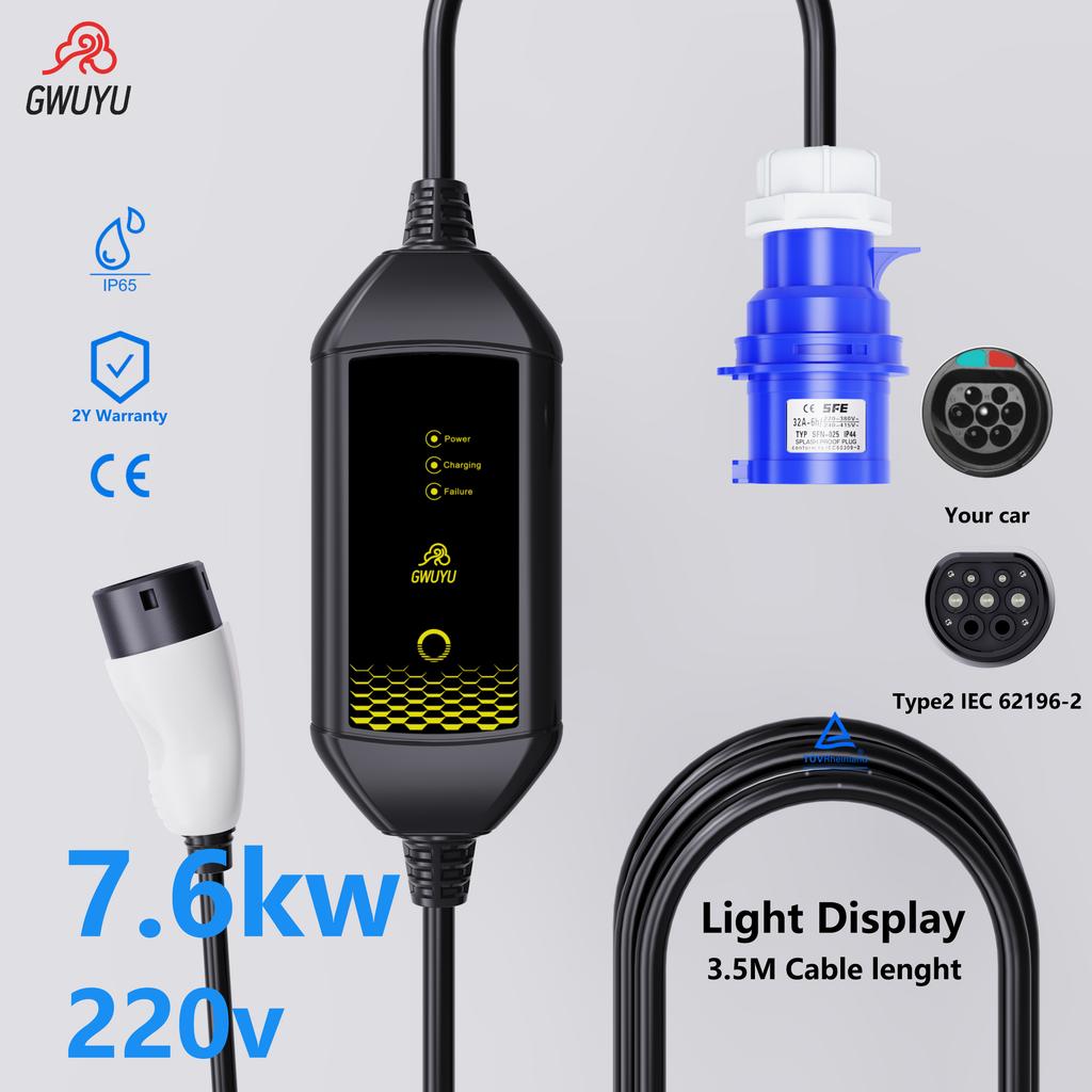 GWUYU Type 2 Car Charger 16A Protable EV Charger 3.5M  Cable Current Car Charging Station Plug and play with indicator light