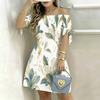 Women Plus Size Off Shoulder Short Sleeve Printed Tie Cuff A Line Dress