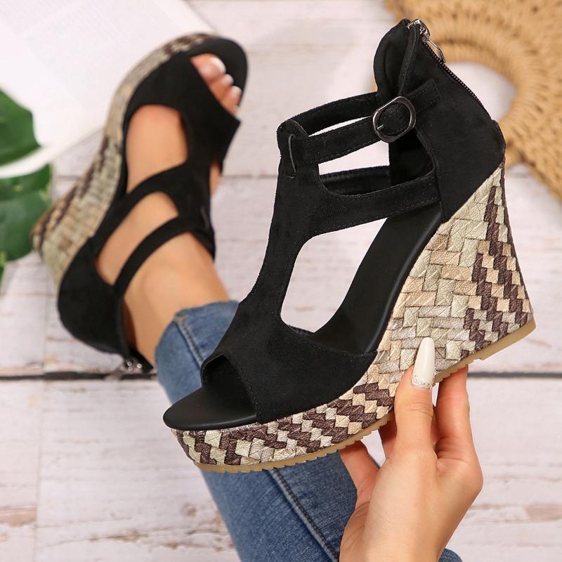 Muffin woven bottom fish mouth sandals women's new large size thick sole wedge sandals hollow buckle fashion sandals