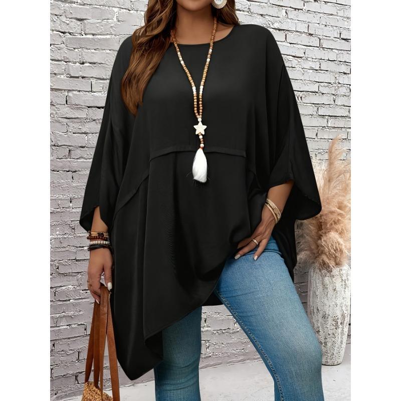 Plus Size Women Solid Color Round Neck Batwing Sleeve Loose Casual Chiffon Shirt