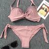 Women's Swimsuit Solid Color Underwire Hard Cup Sexy Side Ties Bikini Set Beachwear Bathing Suits