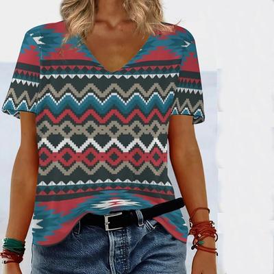 Nova Roupa Feminina de Verão Emagrecedora Solta T-shirt Étnica Feminina de Manga Curta 3D