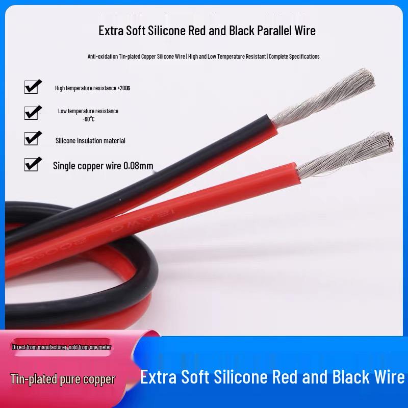Ultra-Soft 2-Core Silicone Wire, High-Temp Resistant, Red & Black, 24-8 AWG