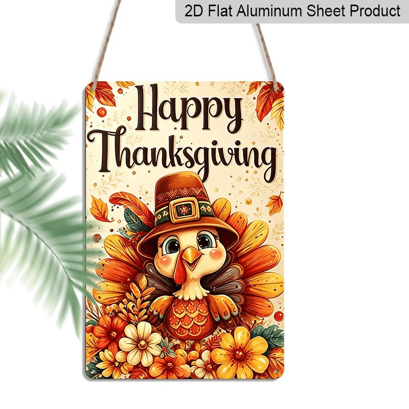 2D Flat, 1pc Thanksgiving Cartoon Bird Floral Aluminum Decorative Sign & Plaque, Thanksgiving Party Wall Decor, Dining Room Wall Art, Kitchen