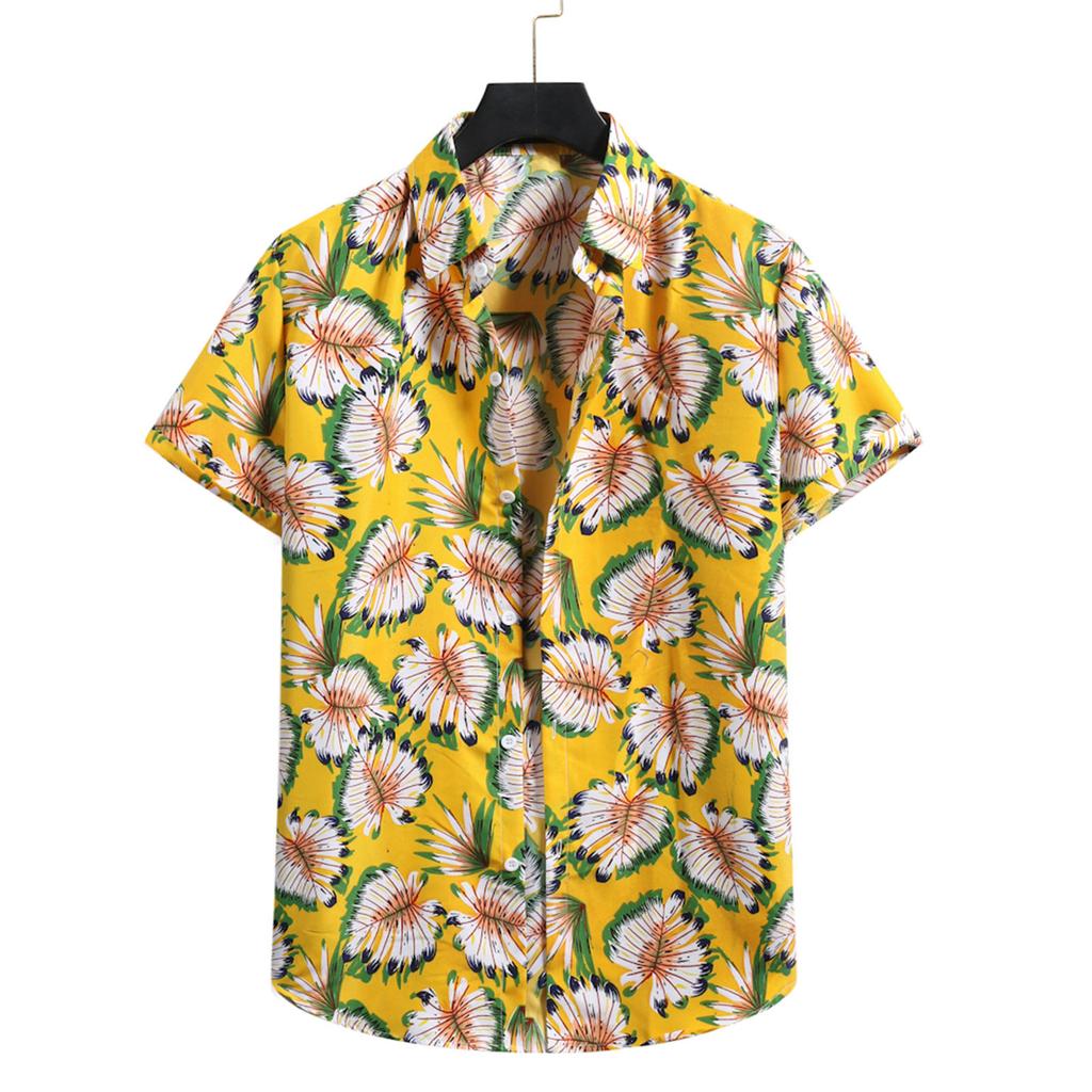 Men's Cardigan Short Sleeve Hawaiian Beach Flower Shirt Men's Turtleneck Shirt