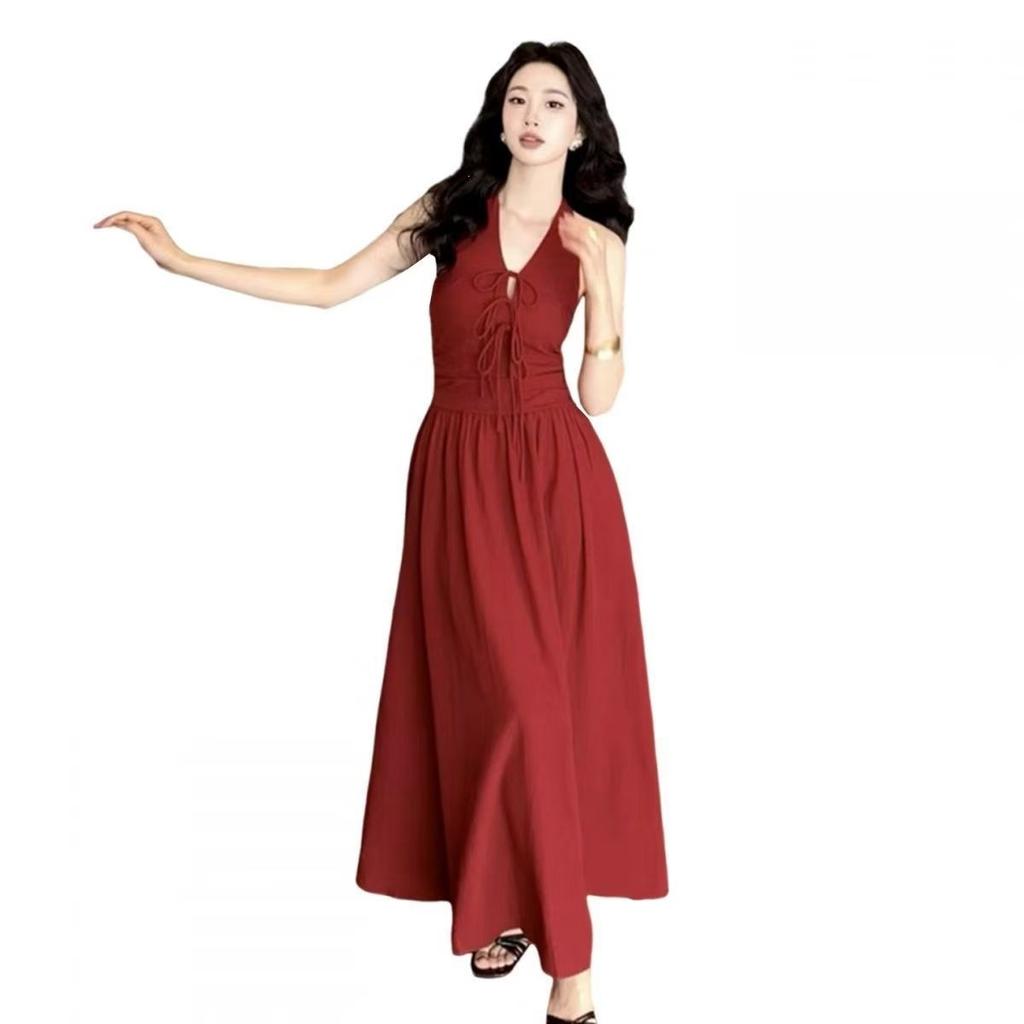 French Retro Red Neck Suspender Dress Women's Summer New Seaside Vacation Temperament Waist Dress 2026