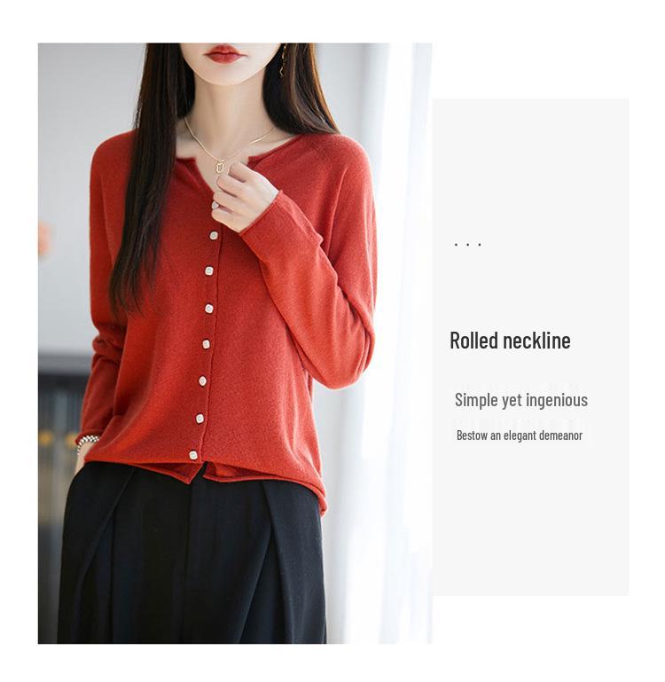 2026 Spring/Autumn Women's V-Neck Fine Wool Knit Cardigan - Long Sleeve, Solid Color, Loose Fit