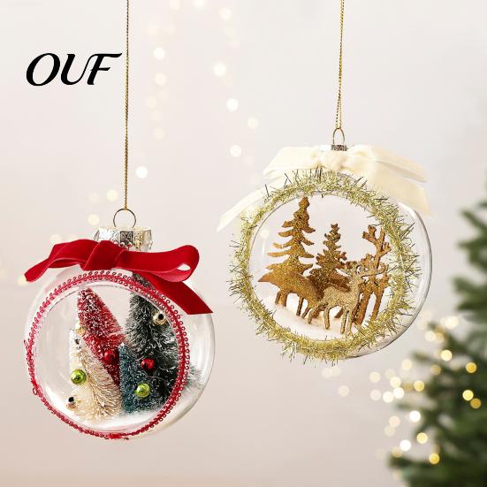 Winter Fairy Tale Hanging Decor Opening Christmas Ball Ornament with Bow, Tree Reindeer Snow Scene Micro Landscape Inside Clear Ball, Xmas Sphere