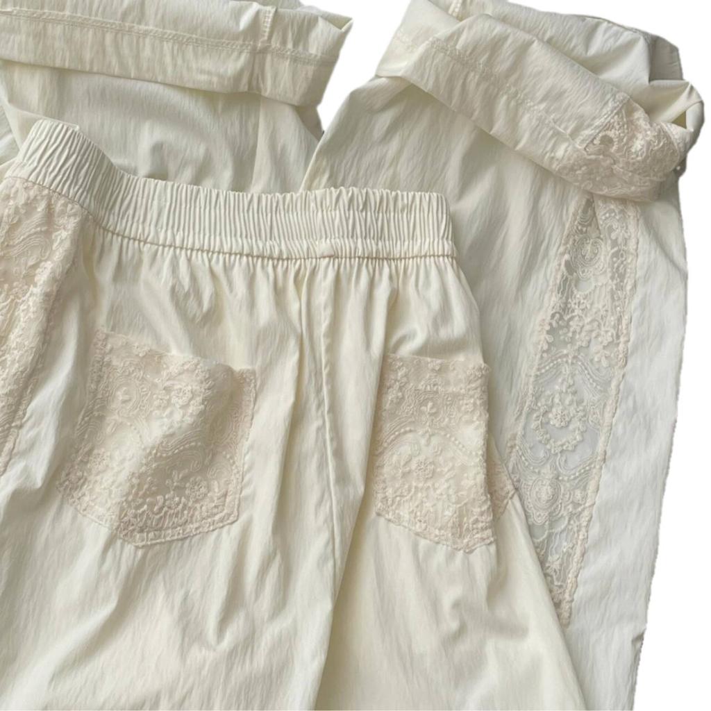 Lace Patchwork Sweet Pants Women Casual Korean High Waist Fashion Straight Trousers Loose Chic Female Summer Design Pants