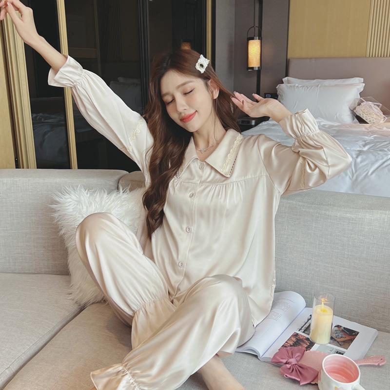 Printed Pajamas for Women Summer New Style Lace Ice Silk Palace Style Comfortable and Soft Pajamas Set Pajamas