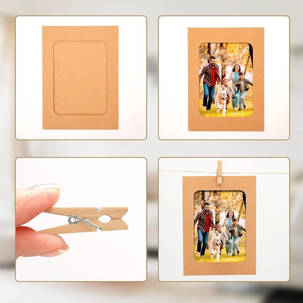 20 Photo Albums, 20 Clips and 2 Rolls of Jute Cord Paper Frame Set, Hanging Photo Display Banner, Suitable for Home, Wedding and Party Decorations