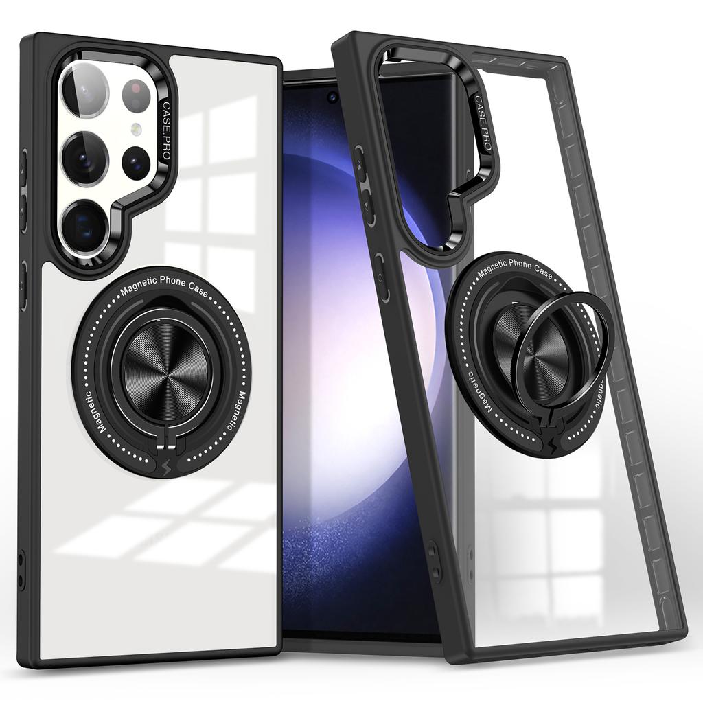 For Samsung Galaxy S23 Ultra Magnetic Case PC+TPU Clear Phone Cover with Ring Kickstand