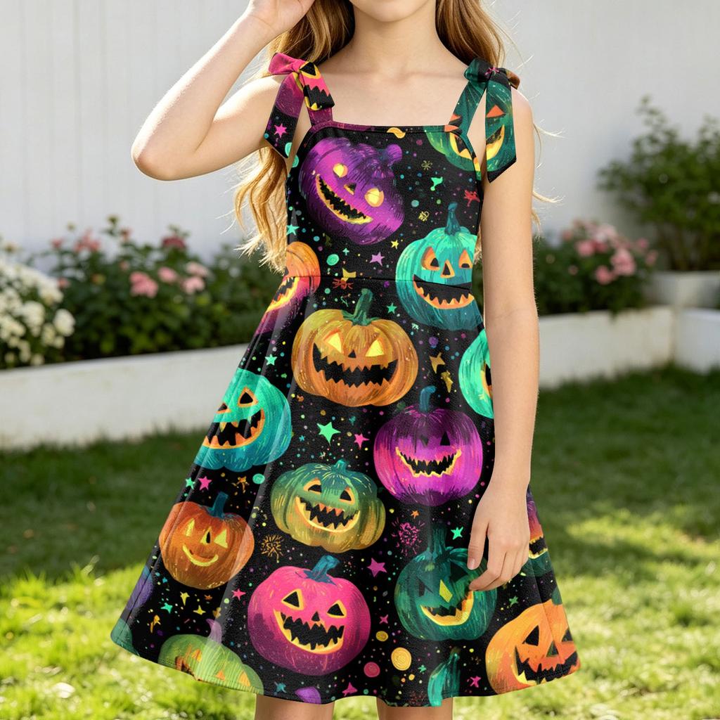Girls Halloween Printed Sleeveless Spaghetti Strap Dress for Party and Daily Wear