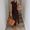 Vintage Modern Brown Short-sleeve Waist-cinching Slit Mid-length Elegant Women's Dress