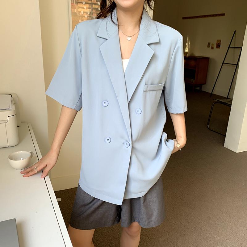 

DIMANAF 2025 Женская весенняя рубашка-блузка с коротким рукавом и пуговицами, модная свободная новая блузка One Size синий