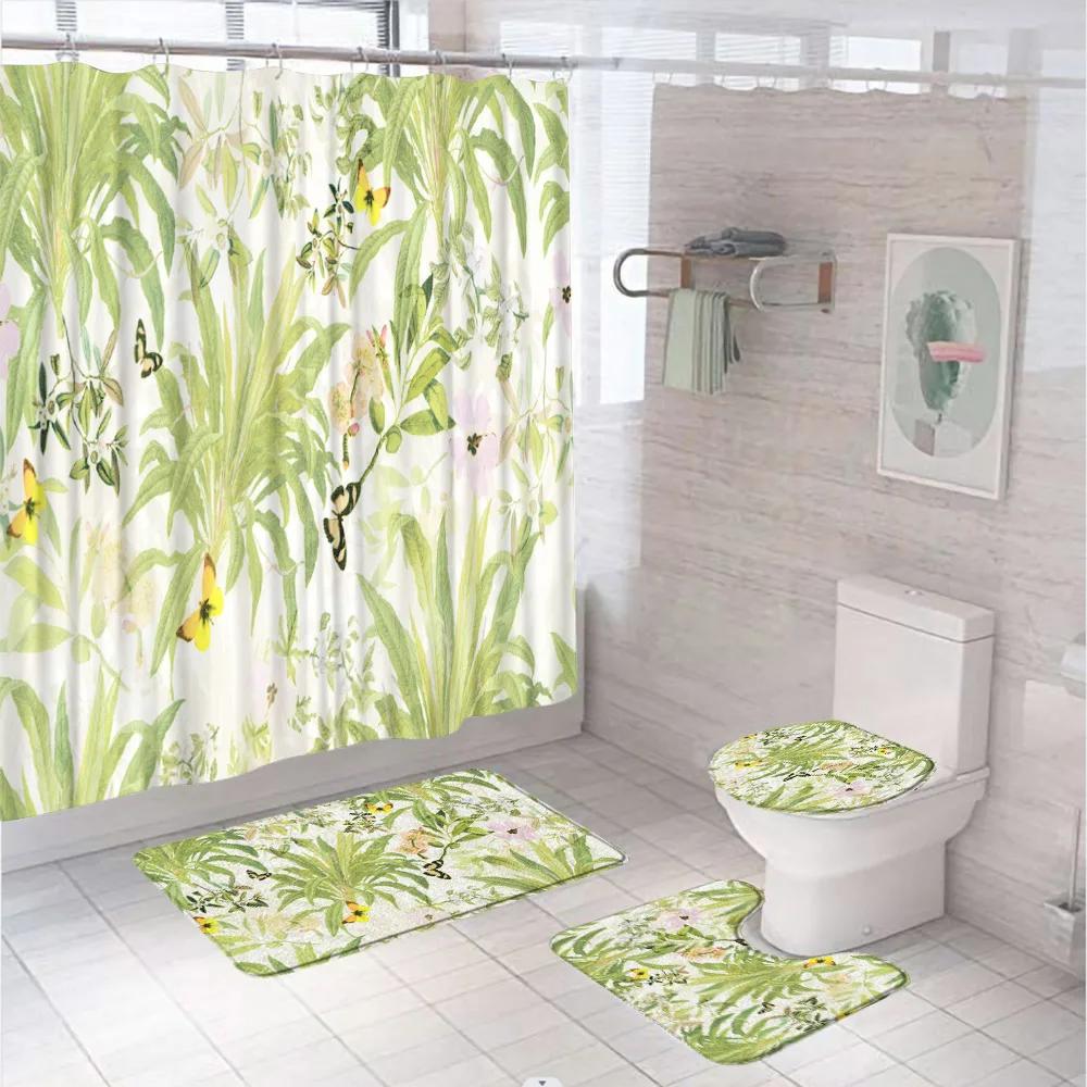 Watercolor Plant Floral Shower Curtain Set Country Wild Flower Leaves Bathroom Decor Screen Non-Slip Bath Mat Toilet Rug Carpet