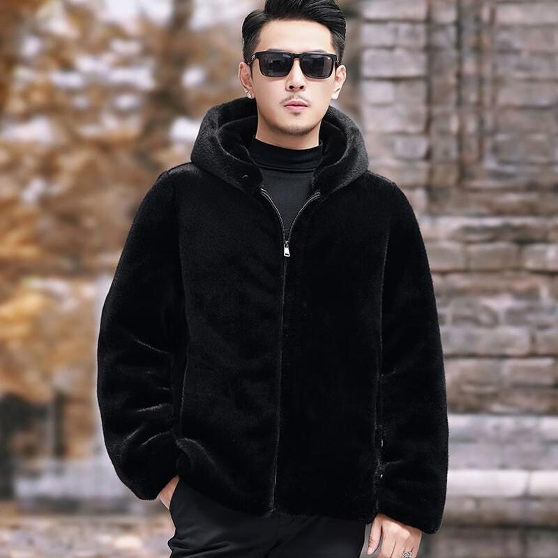 Fengxiao 2025 Men's Faux Mink Velvet Hooded Down-Lined Winter Overcoat