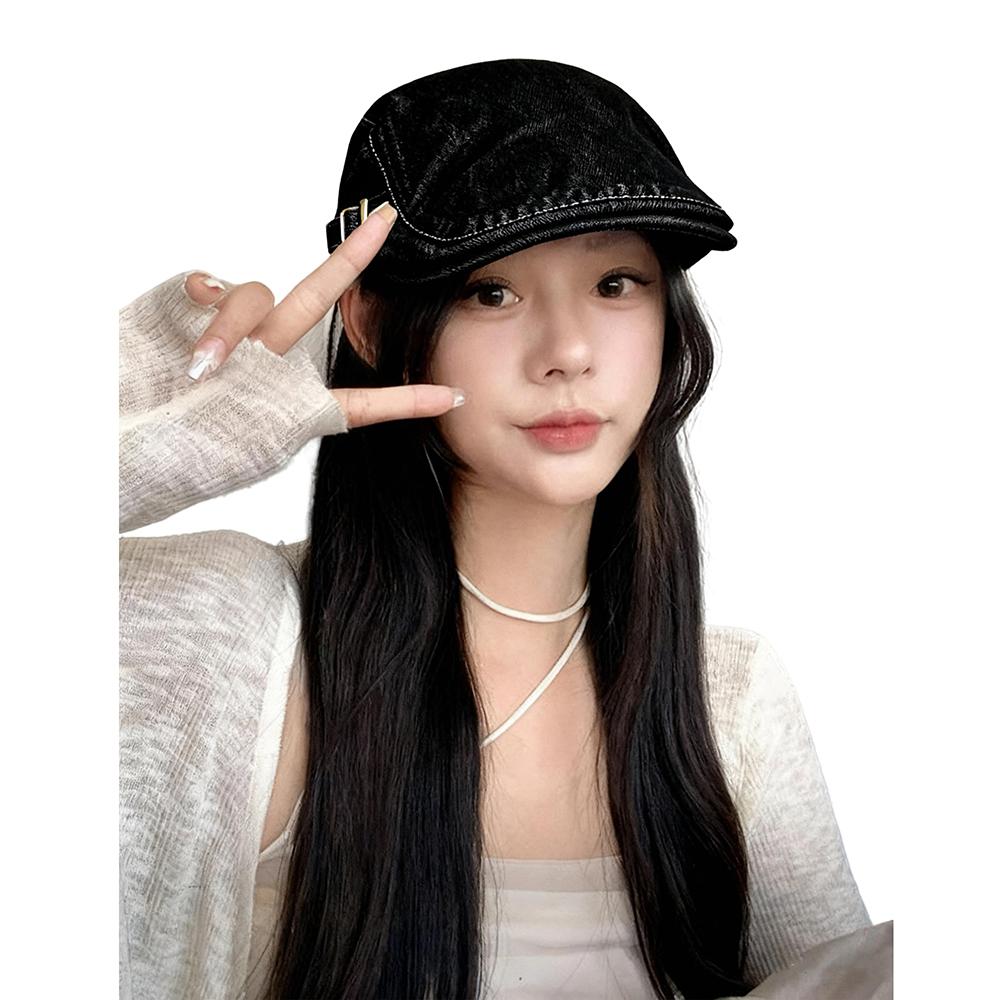 Retro Denim Newsboy Cap Adjustable Forward Flat Hat, Casual Versatile Face Slimming Artist Beret Hat for Men Women