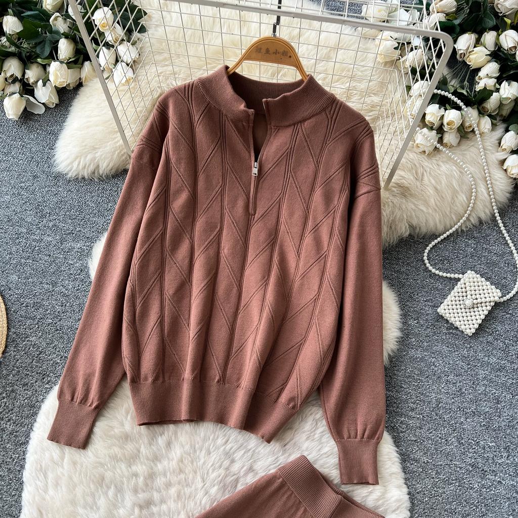Relaxed-Style Half-Zip Knit Top and Wide-Leg Pants Two-Piece Set for Women Casual Jacquard Pullover Sweater Trousers Sets Fall Commuter Outfit